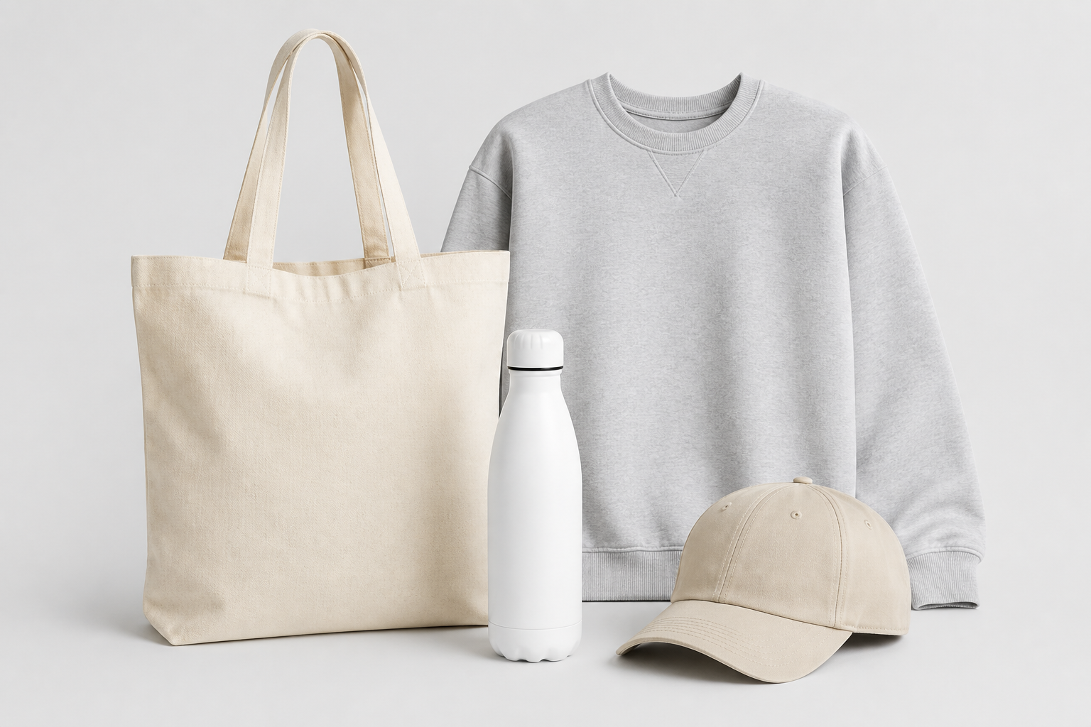 Unbranded tote bag, crewneck, bottle, and cap